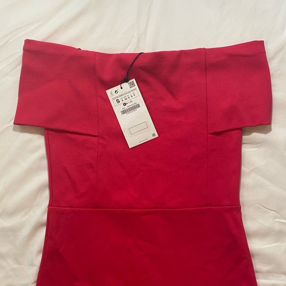 ZARA NWT Off Shoulder Bodycon Dress | Women's Size S | Bright Pink - Picture 5 of 6